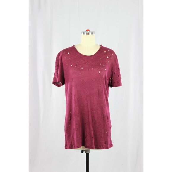 IRO Clay Burgundy 100% Linen Jersey Distressed Holes Crew Neck T-Shirt, Size S - Picture 4 of 13